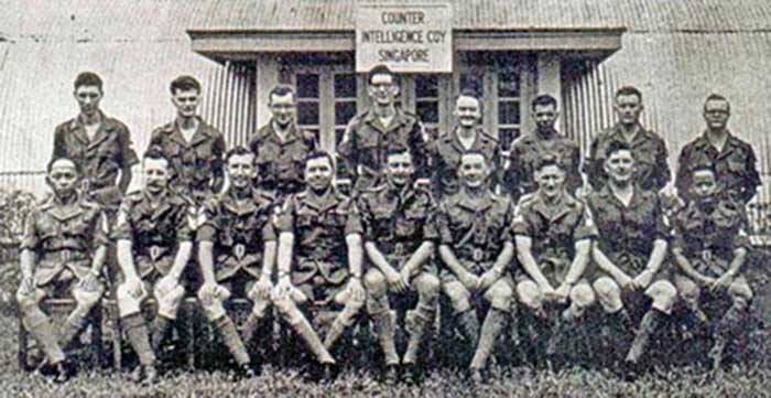  ( CI Coy Singapore 1961 ) STANDING L-R : Ian Madgewick, Cpl Archer, Cpl Spence, Cpl Francis, Sgt Smith, Sgt Azzi, Sgt Bacon, Dave Webster. SEATED L-R : Sgt Mohammed Don, Pete Oliver, SSgt Bigham, WO2 Buckles, Keith Stevens, SSgt Maddock, Bob Varker, Ivan Spanholz, Sgt Idris. 