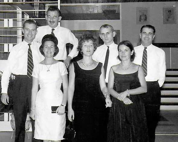  ( Ready for Corps Day Seremban 1965 ) REAR L-R : Ray Collins, Ken Bell, John Rice, Tim Wood.  FRONT L-R : Caterina Bell, Thea Antcliffe, Mrs Collins. 