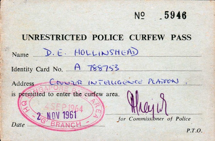  ( Singapore Curfew Pass ) Issued during the riots of 1964. 