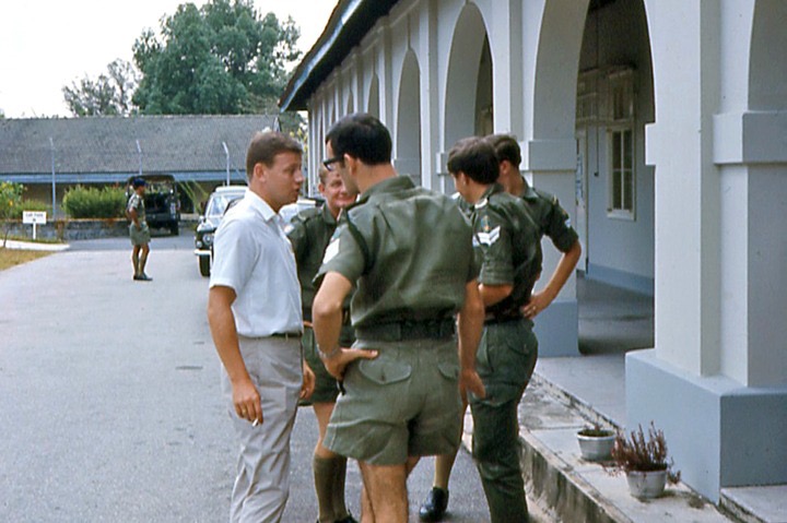  ( Smoke break at Gp HQ - Singapore 1970 ) FOREGROUND L-R : Mac Bryan, Sgt Bob McCrindle, Cpl Gavin Greenwood. BACKGOUND L-R : SSgt Tony McGinty (Aust Int Corps), Cpl Jamie Smith. 