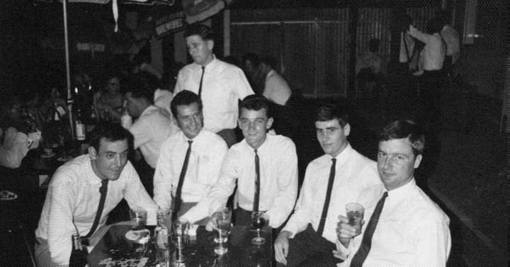  ( Post Singapore Corps Day celebrations on Bugis St, 1969 ) L-R : Dave Peaks, Brian Unsworth, Keith Stanton (standing), Jackie Arbuckle, Eric Fitzsimons, Dave Ovens. NOTE :  See 'Corps Day Singapore 1969' in SDWS Tales. 