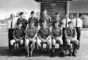  ( 22 Int Pl 1965 )  STANDING L-R : Tan Thiam (JCLO), Geoff Wightman, Barry Fleming, Tom Moore, Pete Barrett  Larry Tan (JCLO), Chan Tian Peng (JCLO). SEATED L-R :  Geoff Burden, Capt D S Dawson (Aust Int Corps), Lt Nigel Champion, Tony Brittain, Graham Broomfield. 