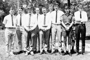  ( CI Sect, 8 Int & Sy Coy, Singapore circa 1969/70 ) L-R : Mac Bryan, Steve Whitney, Simon Sharp, Jim Rousell, Tony McGinty (Aust Int Corps), Jamie Babington-Smith, Mike Ogglesby, Tony Marsan(?), Dave Gordon, Trevor Luttrell. 